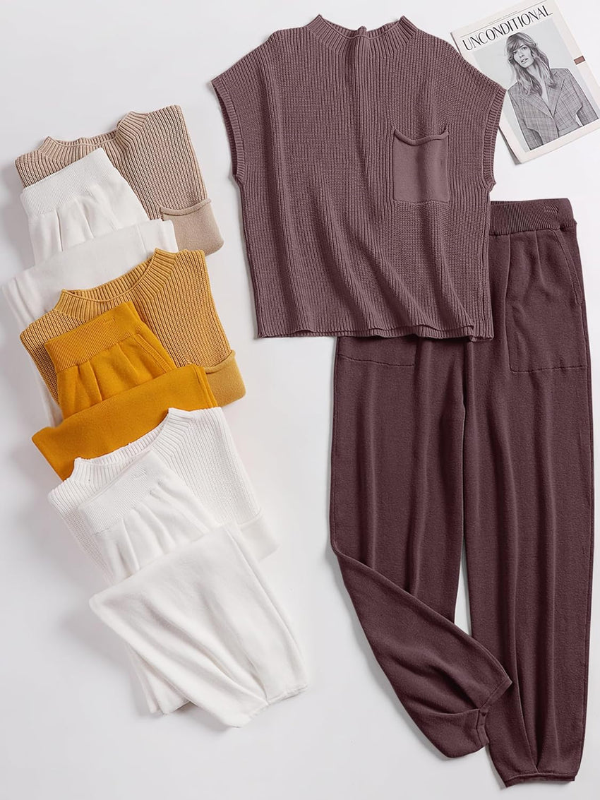 ANRABESS Women's Two Piece Outfits Knit Sweater Vest Crop Top Pants Lounge Matching Tracksuit Sweatsuit Travel Clothes Sets