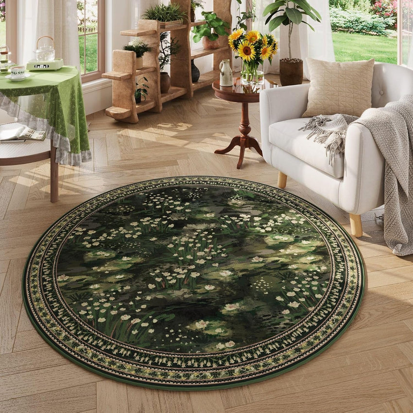Rugcomf 4x6 Rug for Bedroom Impressionist-Style Vintage Washable Rugs Non Slip Low Pile Small Carpet for Bedside Kids Room Office Dining Room, Green