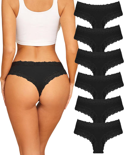 Sth Big Womens Cotton Underwear Sexy Lace Brazilian Panties Soft Breathable Cotton Bikini for Ladies 6 Pack