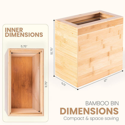 Bamboo Wooden Trash bin with Bin Liner Built-in Frame and Premium Lid - Rectangular Waste Basket with Bin Liners for Bathroom, Bedroom, Living Room, Kitchen, Office, Vanity, Salon or Spa