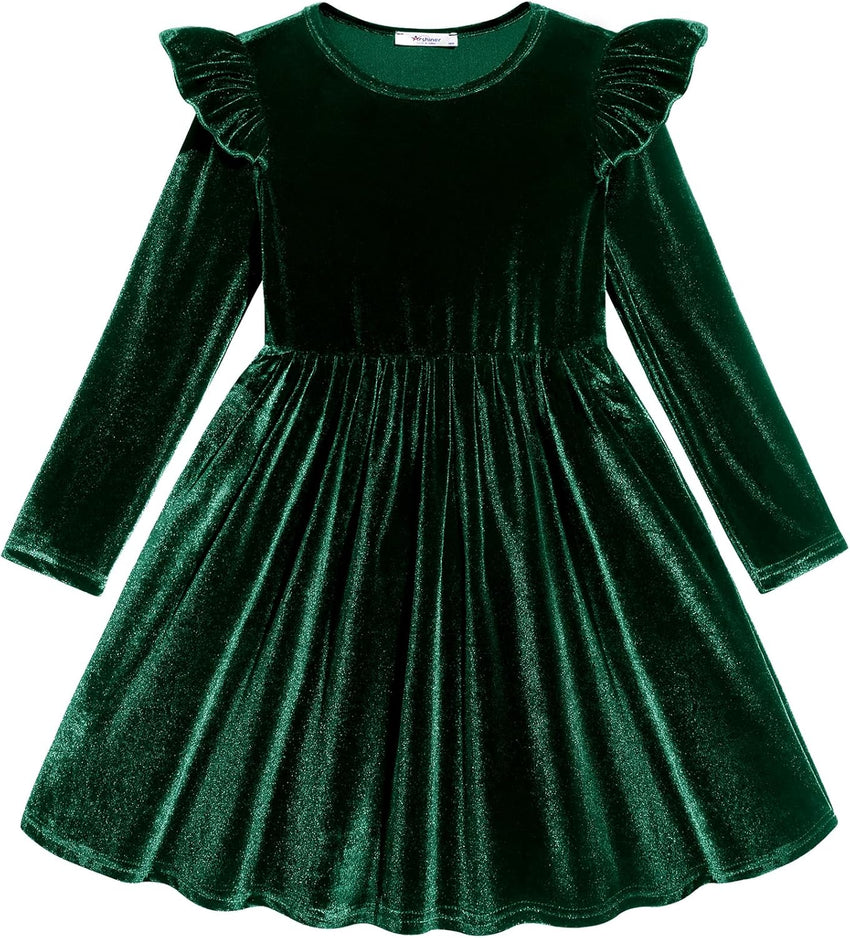 Arshiner Toddler Velvet Dress Little Girls Fall Winter Long Sleeve Ruffle Holiday Birthday Party Dresses with Pockets