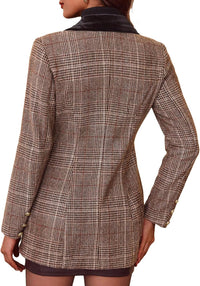 Mina Self 2025 Fall Women's Plaid Blazer - Houndstooth Long Double-Breasted Fully-Lined Slim Casual Work Office Jacket