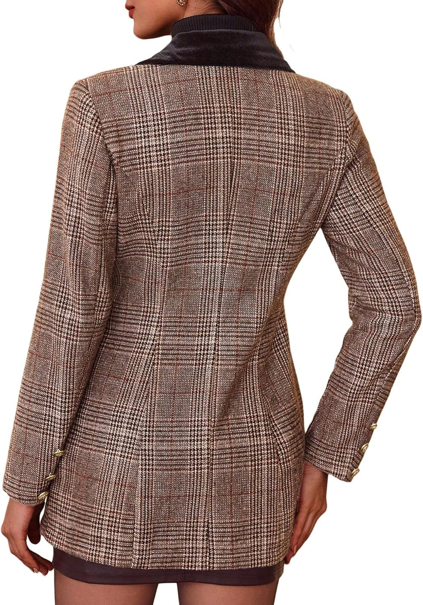 Mina Self 2025 Fall Women's Plaid Blazer - Houndstooth Long Double-Breasted Fully-Lined Slim Casual Work Office Jacket