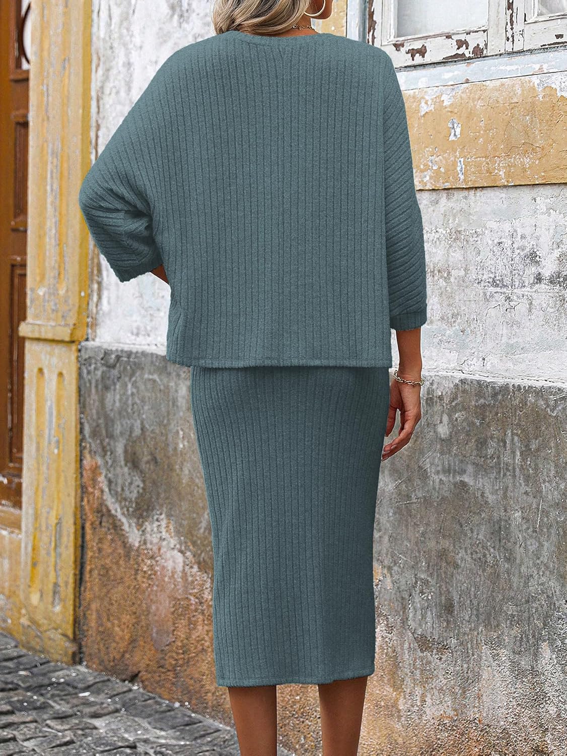 HBQ Women's 2 Piece Sweater Skirt Sets Ribbed Knit Loose Lantern Sleeve Top Midi Skirt Outfit Casual Loungewear Sets