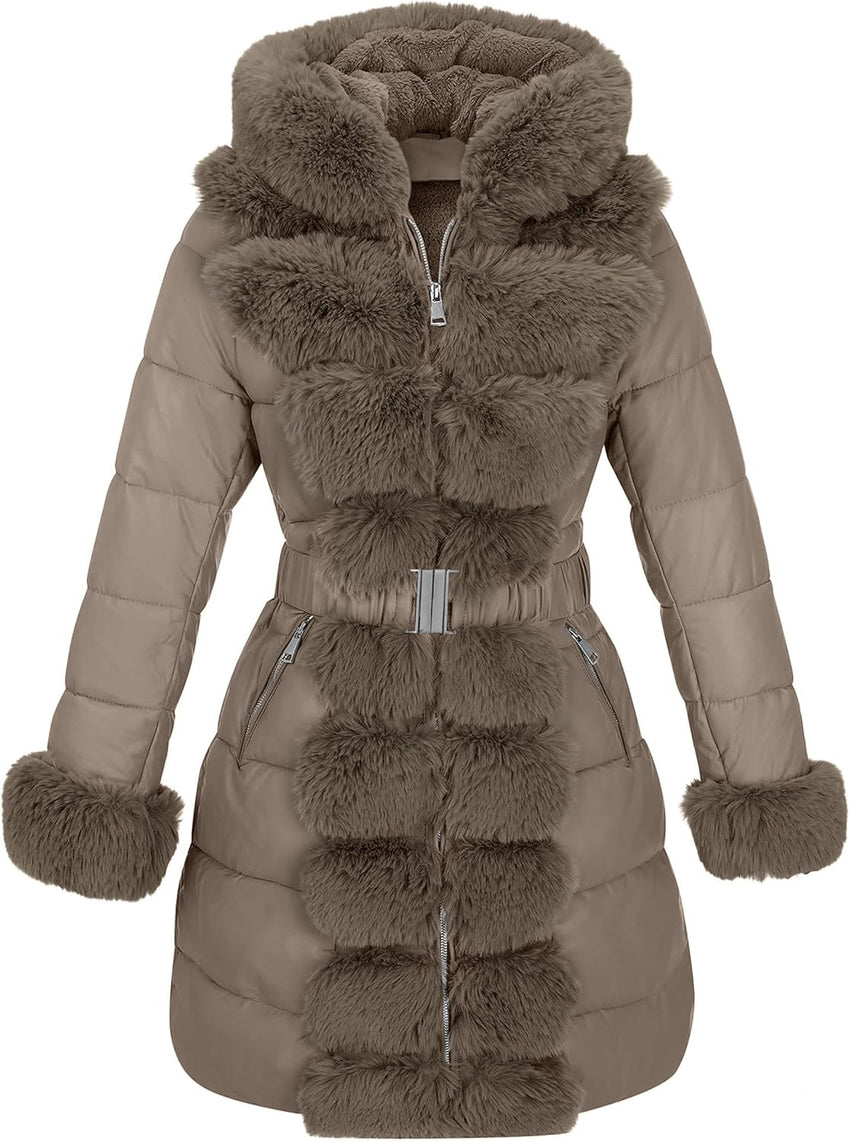 RISISSIDA Women Winter Fur Lined Coat,Puffer Jacket with Long Fur Trim Hooded,Warm Leather Bubble Overcoat Cold-resistant