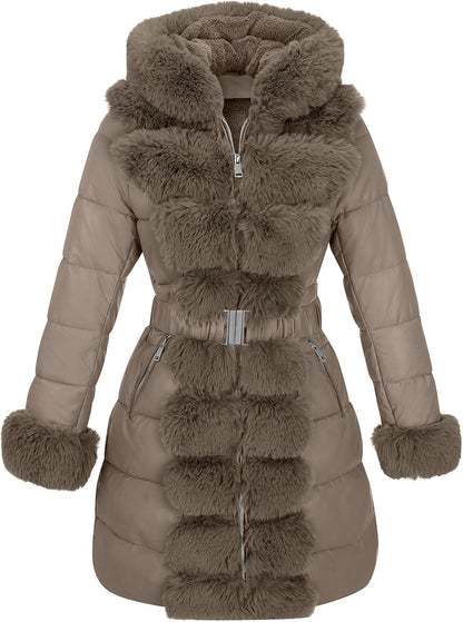 RISISSIDA Women Winter Fur Lined Coat,Puffer Jacket with Long Fur Trim Hooded,Warm Leather Bubble Overcoat Cold-resistant