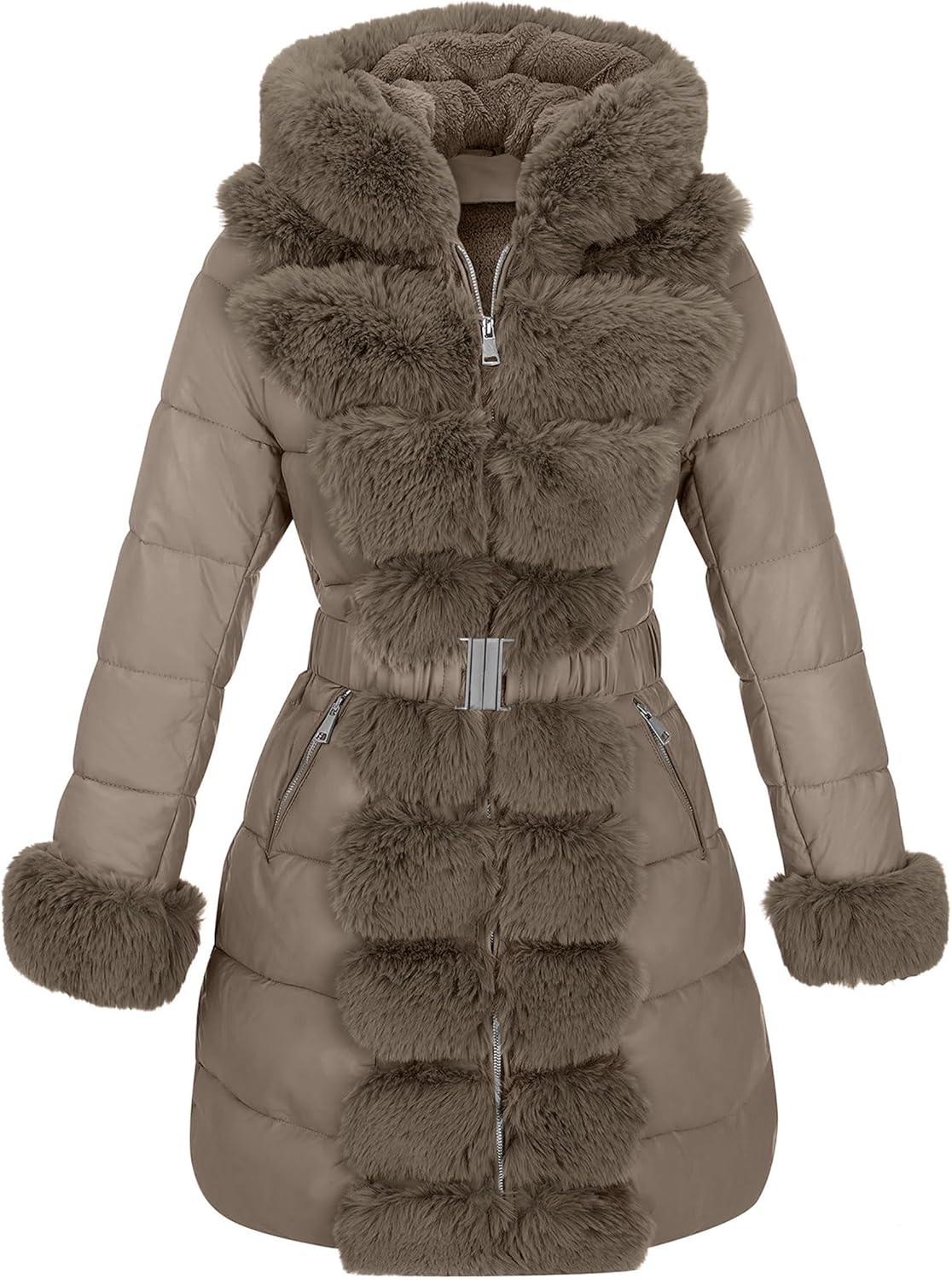 RISISSIDA Women Winter Fur Lined Coat,Puffer Jacket with Long Fur Trim Hooded,Warm Leather Bubble Overcoat Cold-resistant
