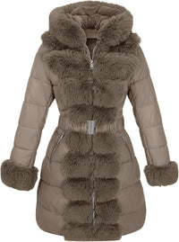 RISISSIDA Women Winter Fur Lined Coat,Puffer Jacket with Long Fur Trim Hooded,Warm Leather Bubble Overcoat Cold-resistant