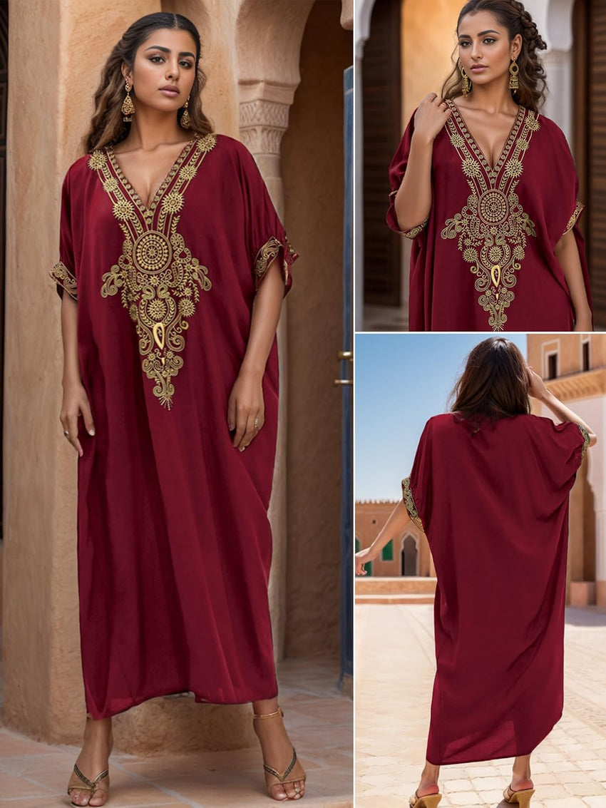 EDOLYNSA Moroccan Kaftan Dresses for Women Plus Size Caftans Loungewear Embroidered Beach Kaftan Cover up moomoo House Dress