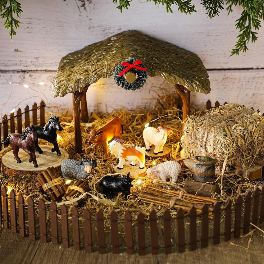 Thyle 20 Pcs Christmas Nativity Scene Manger Shed Kits Miniature Stable for Christmas Nativity Table Top Decor Including Thatched Roof, Fence, Farm Animals, Hay Bales & Tools Firewood Pile Cow