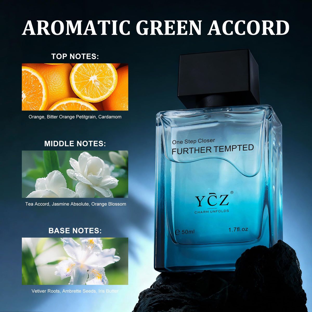 Ycz Midnight Marine Eau de Parfum for Men, 1.7 Fl Oz (50 mL), Long-Lasting Cologne, Fresh Marine & Woody Fragrance with Grapefruit, Ginger and Cedar Notes for Daily Wear, Date Night and Gifts