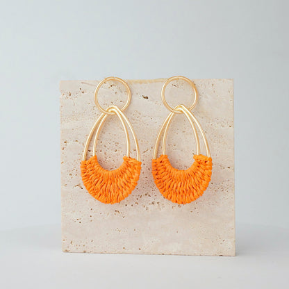 Raffia Hoop Earrings for Women Fun Boho Summer Beach Earrings Lightweight Handmade Straw Wicker Rattan Dangle Earrings Statement Geometric Round Drop Earrings
