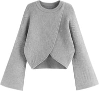 CIDER Cropped Sweaters for Women Trendy Wrap Sweater Bell Sleeve Ribbed Knit Pullover Sweater Fall Outfits