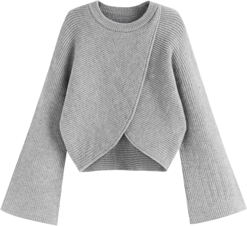 CIDER Cropped Sweaters for Women Trendy Wrap Sweater Bell Sleeve Ribbed Knit Pullover Sweater Fall Outfits