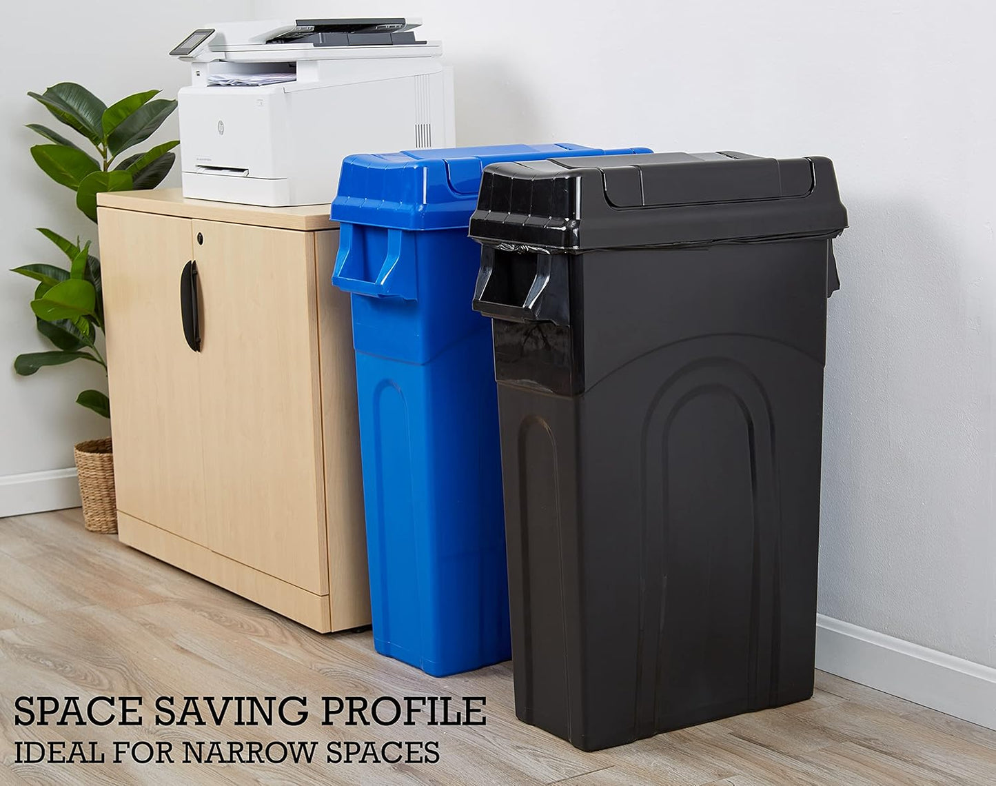United Solutions Highboy Waste Container with Swing Lid, 23 Gallon, Space Saving Slim Profile and Easy Bag Removal, Handles for Easy Carrying, Indoor/Outdoor Use, Black, 1-Pack.