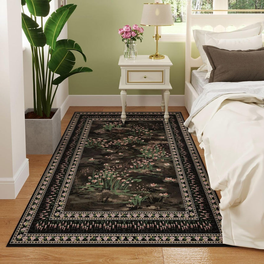 Rugcomf 4x6 Rug for Bedroom Impressionist-Style Vintage Washable Rugs Non Slip Low Pile Small Carpet for Bedside Kids Room Office Dining Room, Green