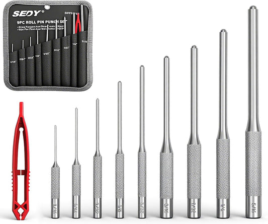 9-Piece Roll Pin Punch Set - Fast Pin Removal - Durable Steel & Construction - For Automotive, Firearm Maintenance, Watch, Jewelry & Craft Repair - Knurled Grip - Versatile Sizes