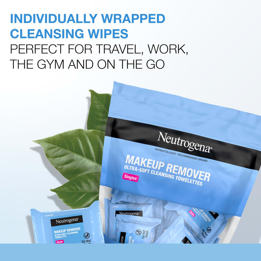 Neutrogena Makeup Remover Wipes Singles, Individually Wrapped, Daily Facial Cleanser Towelettes, Gently Removes Oil & Makeup, Alcohol-Free, 20 ct