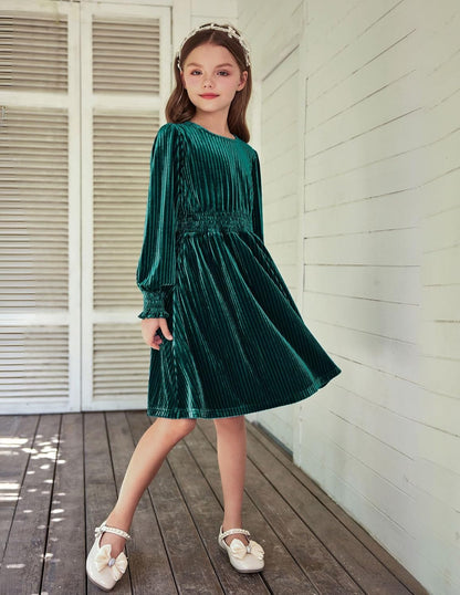 Arshiner Girls Long Sleeve Dress Velvet Crew Neck Midi Fall Vintage Plain Dress for Kids 4-13Y