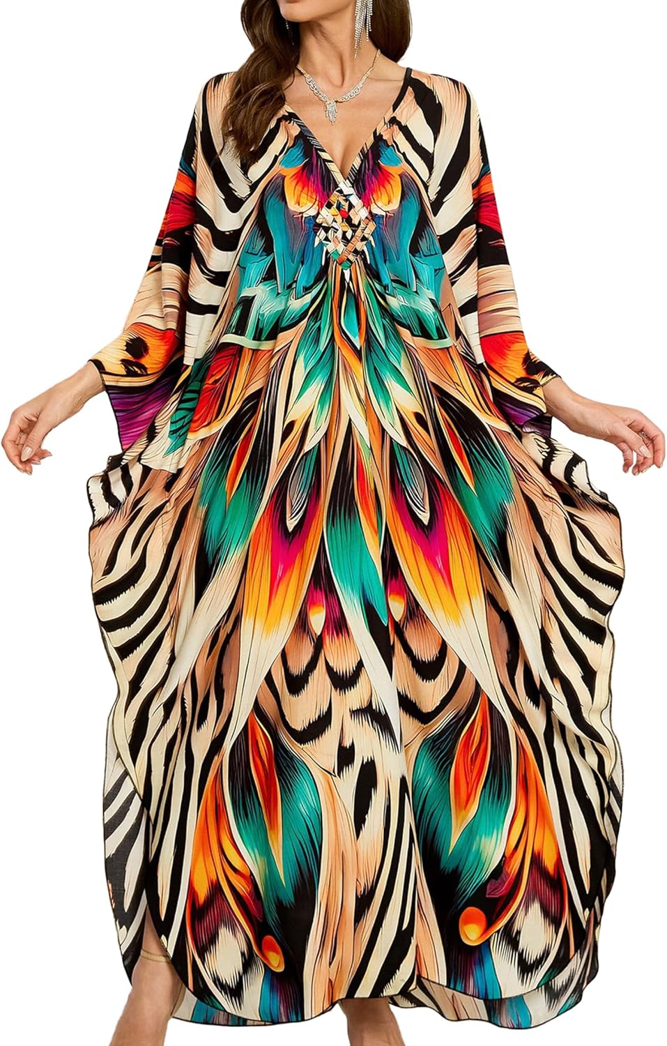 Women Kaftan Dresses Plus Size V-Neck Batwing Sleeves Beach Cover Up 2025 Summer Floral Print Caftan Dress