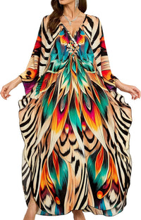 Women Kaftan Dresses Plus Size V-Neck Batwing Sleeves Beach Cover Up 2025 Summer Floral Print Caftan Dress