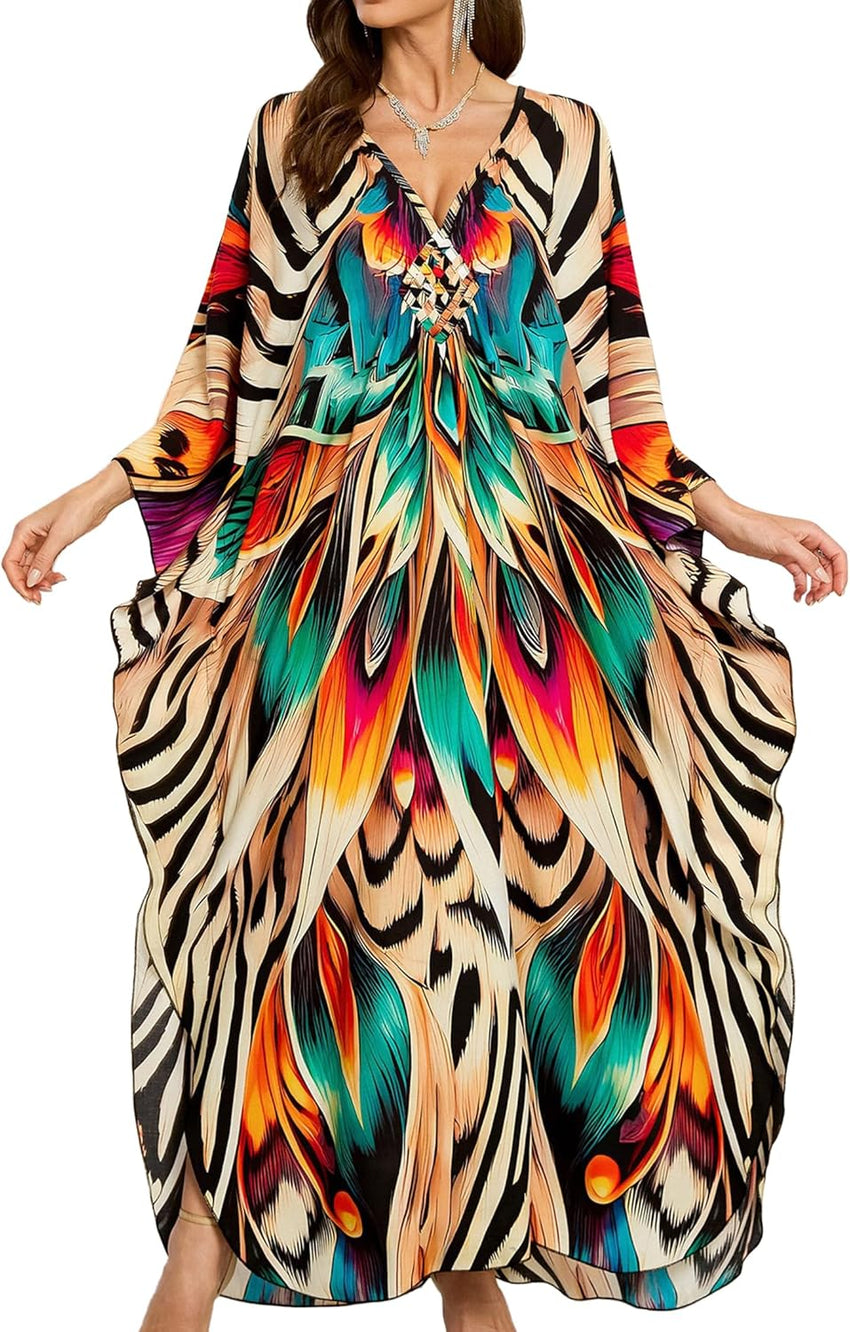 Women Kaftan Dresses Plus Size V-Neck Batwing Sleeves Beach Cover Up 2025 Summer Floral Print Caftan Dress