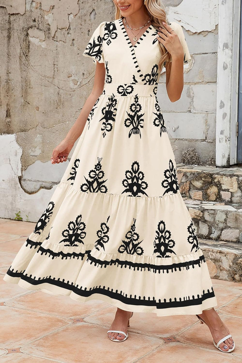 PRETTYGARDEN Womens 2025 Summer Casual V Neck Boho Maxi Dress Flowy Aline Bell Sleeve Tiered Floral Dresses with Pocket