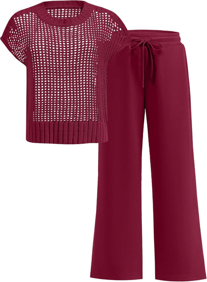 ANRABESS Women Two Piece Outfits Crochet Sheer Knit Sweater Top Wide Leg Pants Lounge Matching Sets Sweatsuit Travel Clothes
