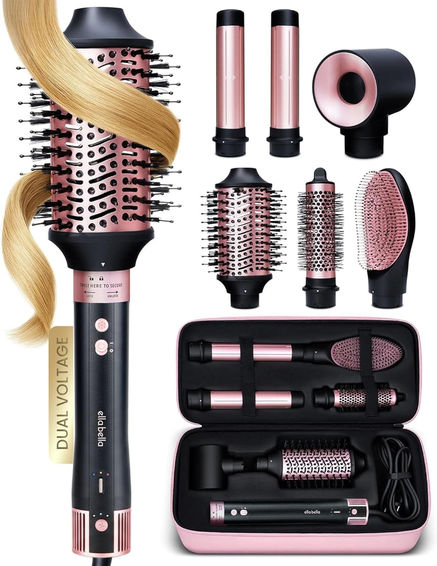ELLA BELLA® 6 in 1 Professional Hot Air Styler • Powerful Hair Dryer & Straightener Set • Styling Without Heat Damage • Fast Drying Curling Volumizing Straightening • Includes Protective Travel Case