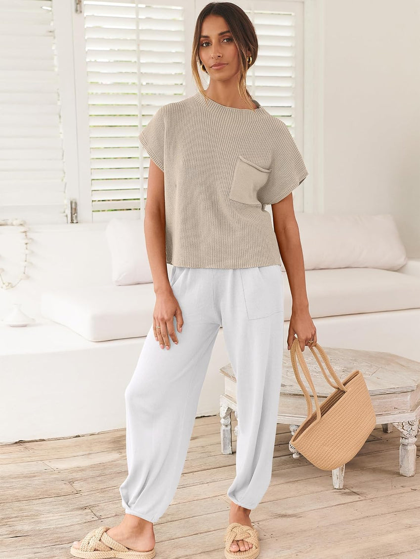 ANRABESS Women's Two Piece Outfits Knit Sweater Vest Crop Top Pants Lounge Matching Tracksuit Sweatsuit Travel Clothes Sets