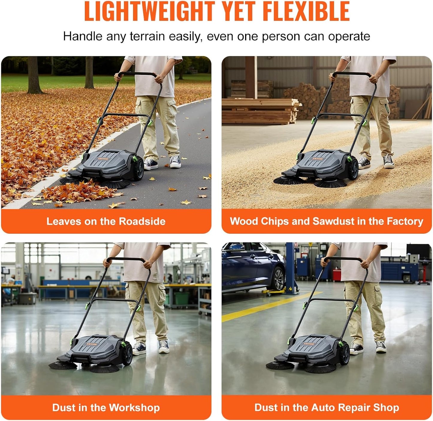 VEVOR Walk-Behind Hand Push Floor Sweeper, 25.6" Sweeping Width Floor Sweeper Manual Non-Electric, 5-Gallon Waste Container, Angle & Height Adjustable Folding Handle for Walkway, Yard, Garage, Patio