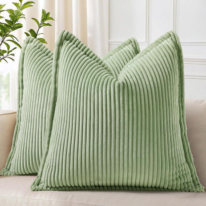decorUhome Christmas Corduroy Cream White Throw Pillow Covers 18x18 Set of 2 Decorative Soft Boho Farmhouse Euro Couch Pillow Covers for Living Room Bed Sofa Broadside Striped Pillow Cases
