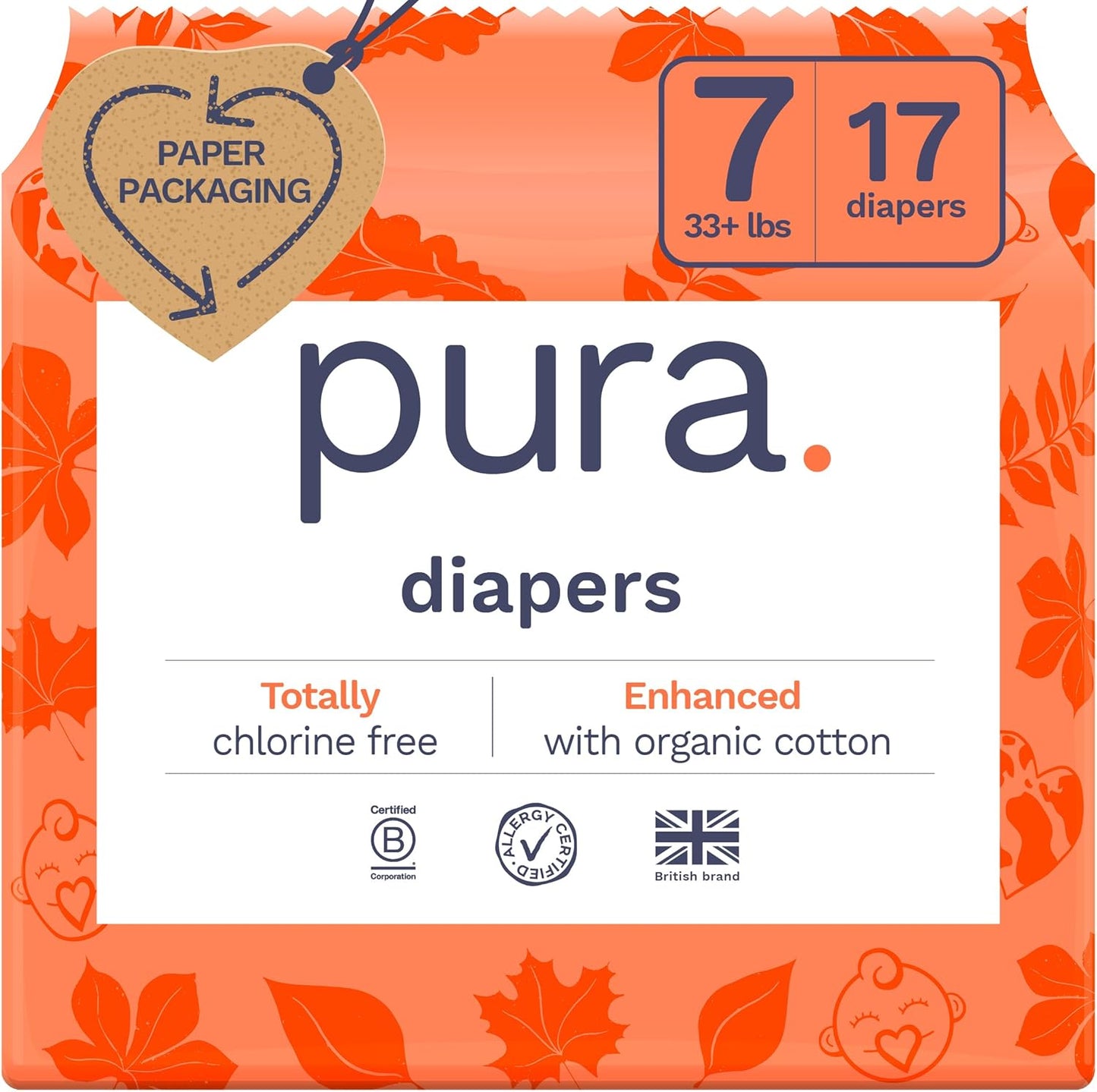 Pura Size 6 Eco-Friendly Diapers (29+ lbs) Hypoallergenic, Soft Organic Cotton, Sustainable, up to 12 Hours Leak Protection, Allergy UK, Recyclable Paper Packaging, 18 Count (Pack of 3) (54 Diapers)