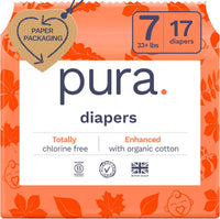 Pura Size 6 Eco-Friendly Diapers (29+ lbs) Hypoallergenic, Soft Organic Cotton, Sustainable, up to 12 Hours Leak Protection, Allergy UK, Recyclable Paper Packaging, 18 Count (Pack of 3) (54 Diapers)