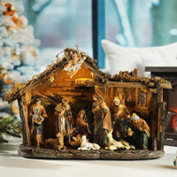 Bshine Nativity Scene Set Christmas Decor, Wooden Stable with LED Lights 12.4x9.05 Holy Family with Manger Baby Jesus Figurine, Nativity Scene Indoor Decor Home Desktop Collectible Ornaments