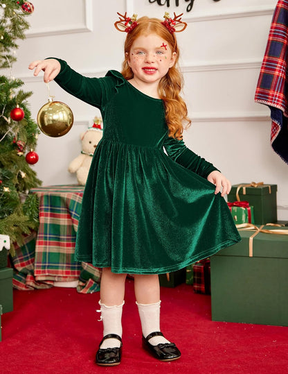 Arshiner Toddler Velvet Dress Little Girls Fall Winter Long Sleeve Ruffle Holiday Birthday Party Dresses with Pockets