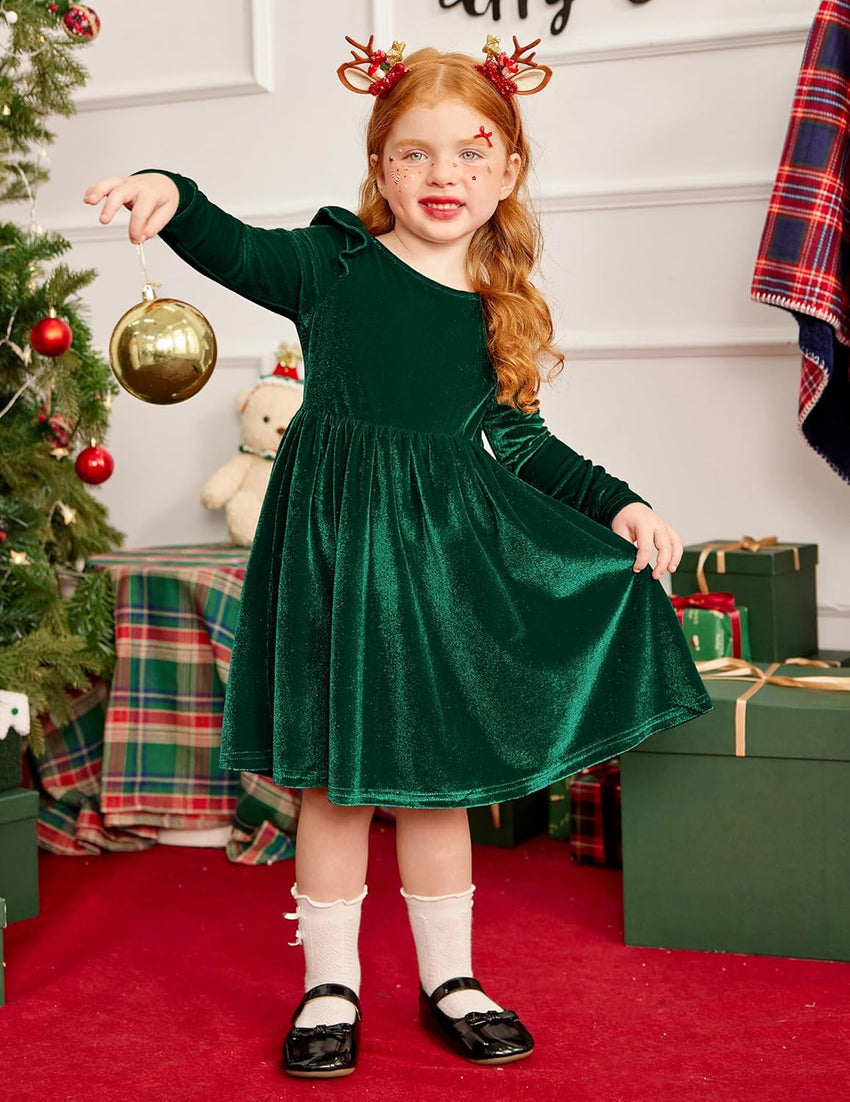 Arshiner Toddler Velvet Dress Little Girls Fall Winter Long Sleeve Ruffle Holiday Birthday Party Dresses with Pockets
