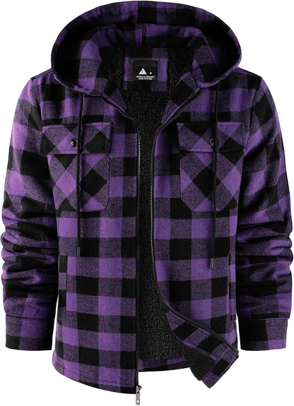 SCODI Mens Flannel Hooded Jacket Sherpa Lined Zip Up Hoodies for Men Plaid Shirt Jackets Warm Thick Fleece Coat with Pocket