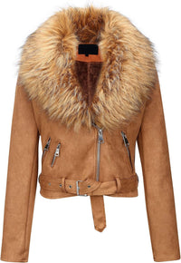 Bellivera Women Faux Leather Suede Jacket Moto Biker Coat Sherpa-Lined Overcoat with Removable Belt