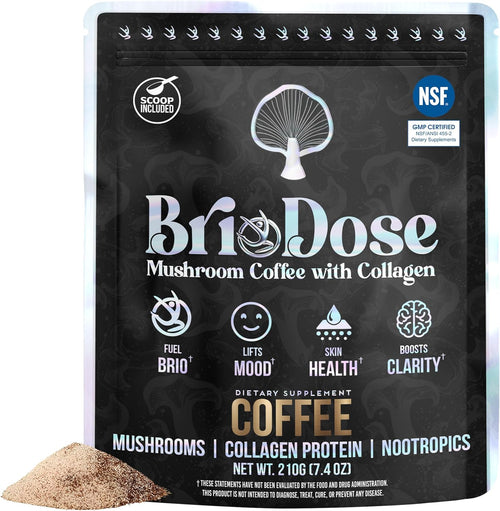 Briodose Adaptogenic Mushroom Coffee with Grass-Fed Collagen, Lion’s Mane, Chaga & L-Theanine – 45mg Caffeine for Jitter-Free, Focus, Energy, Immunity & Glowing Skin/Hair – 30 Servings NSF Certified