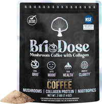 Briodose Adaptogenic Mushroom Coffee with Grass-Fed Collagen, Lion’s Mane, Chaga & L-Theanine – 45mg Caffeine for Jitter-Free, Focus, Energy, Immunity & Glowing Skin/Hair – 30 Servings NSF Certified
