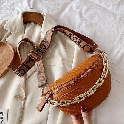 Thick Chain Women's Fanny Pack Plaid leather Waist Bag Shoulder Crossbody Chest Bags Luxury Designer Handbags Female Belt Bag