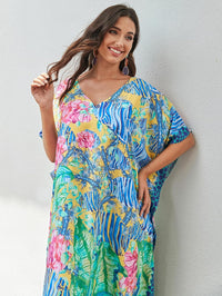 Women's Plus Size Loose Fit Moroccan Print V-Neck Batwing Kaftan Beach Dress Bathing Suit Cover Up