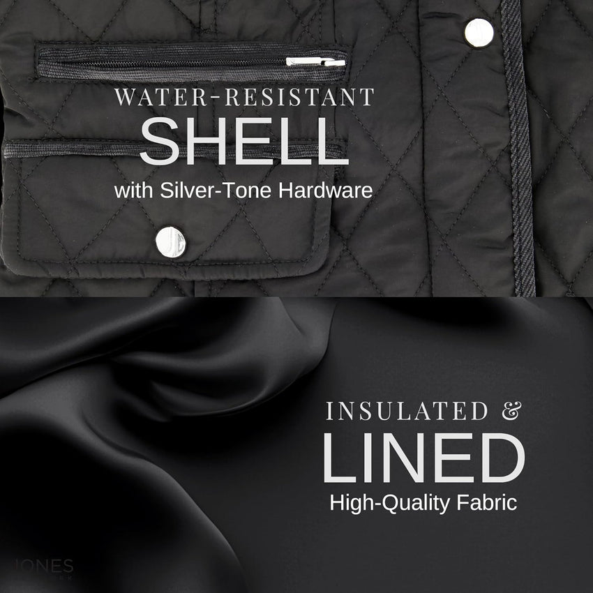 Jones NY Mid-Length Womens Quilted Jacket with Pockets - Winter Coats for Women, Black