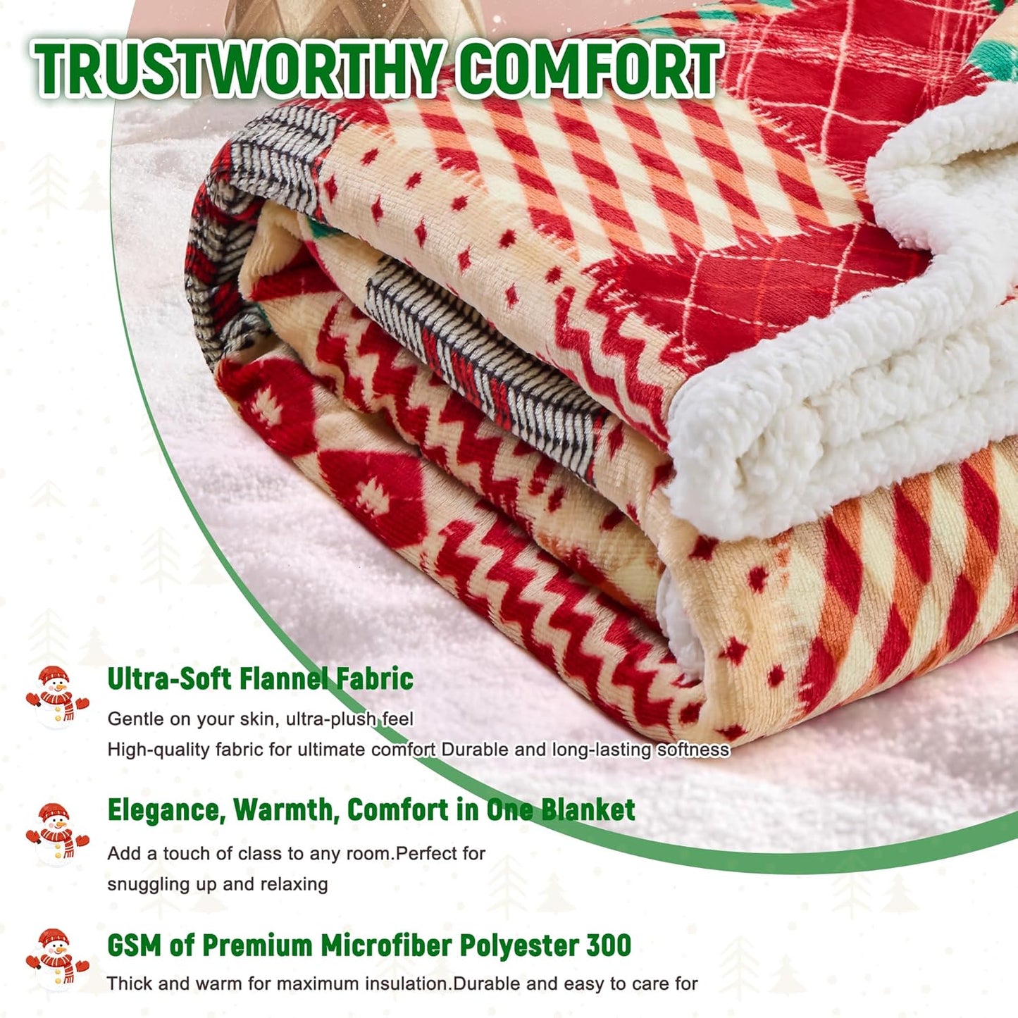 Christmas Throw Blanket, Christmas Decorations Gifts for Women, Sherpa Flannel Fleece Winter Holiday Blanket, Fluffy Cozy Soft Christams Throws for Couch Sofa Bed, ChristamsRhombus, 50" X 60"