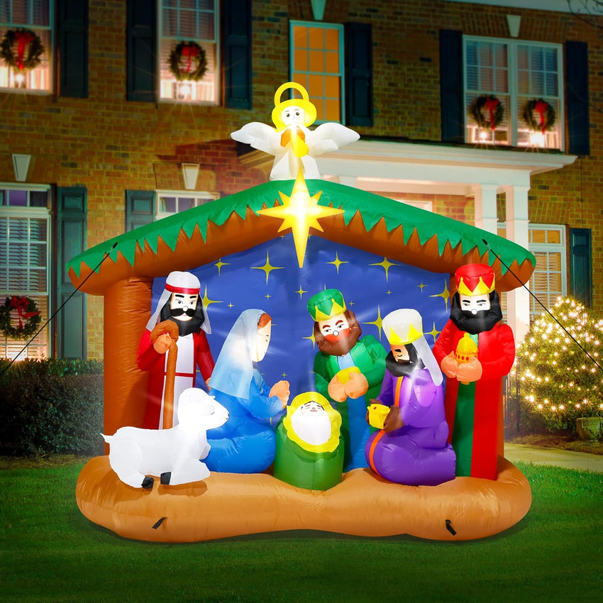 8FT Christmas Inflatables Nativity Scene, Blow Up Christmas Nativity Scene, LED Lighted The Birth of Jesus Scene Inflatables Decor, Christmas Outdoor Inflatable Decor for Xmas Yard Lawn Patio