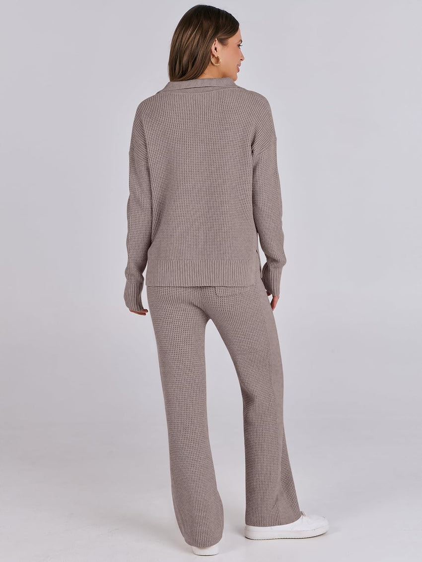 ANRABESS Women Two Piece Outfits Sweater Sets Lounge Waffle Knit Pullover Matching Wide Leg Pants Tracksuit 2025 Fall Fashion