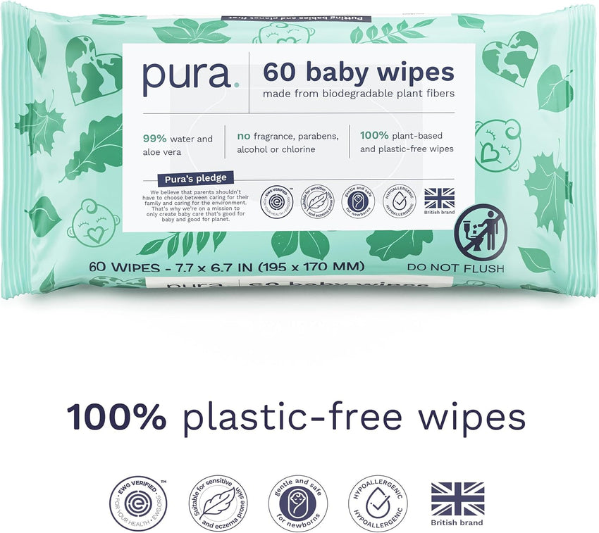 Pura Natural Sensitive Baby Wipes, 99% Water, Unscented & Hypoallergenic, Suitable for Sensitive & Eczema-prone Skin, Hypoallergenic, EWG Verified, 10 Pack of 60 Wet Wipes (600 Diaper Wipes) Bulk Buy