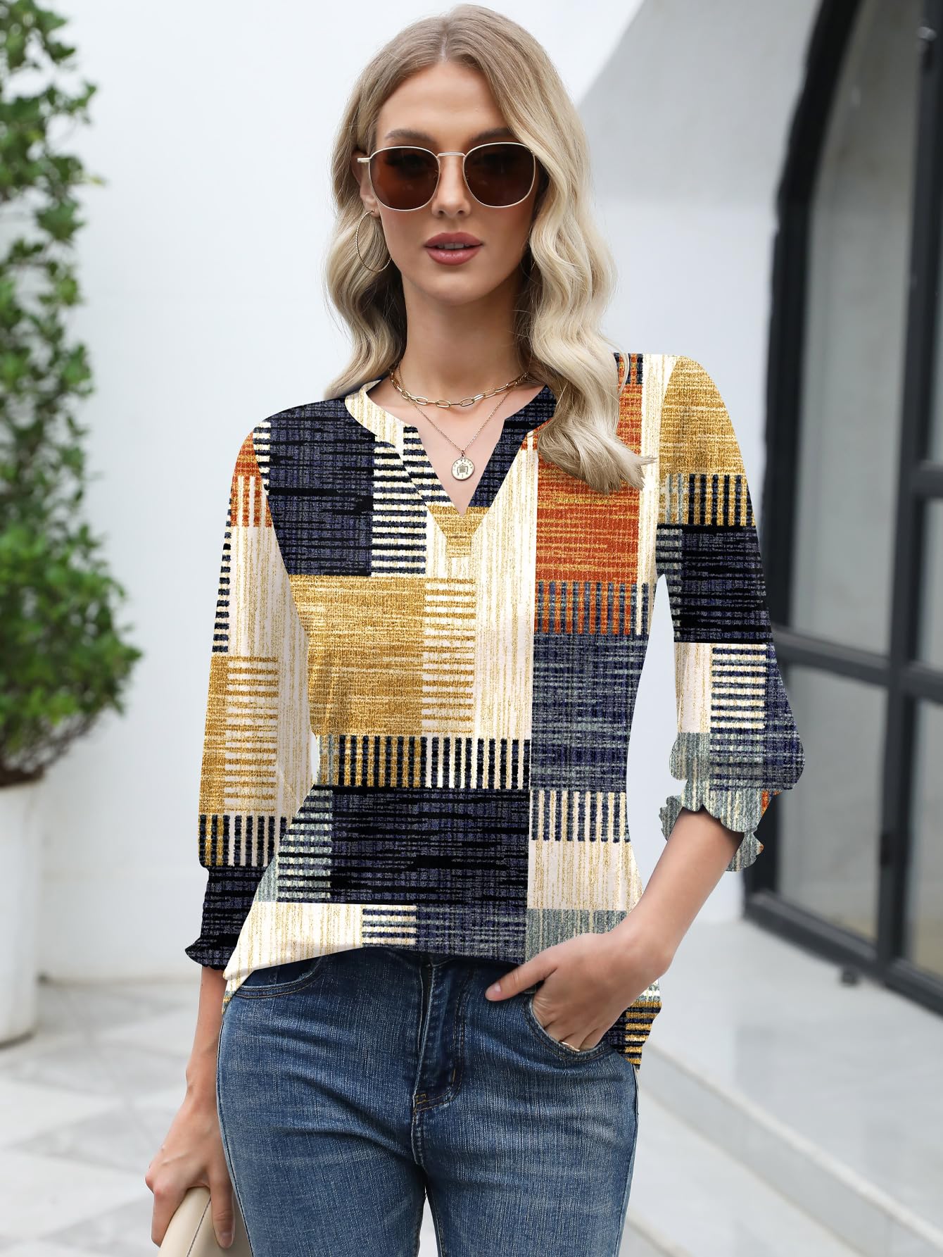LOMON Blouses for Women Dressy Casual 3/4 Sleeve Tops for Women V Neck T Shirt Ladies Tops and Blouses Orange Blue Print L