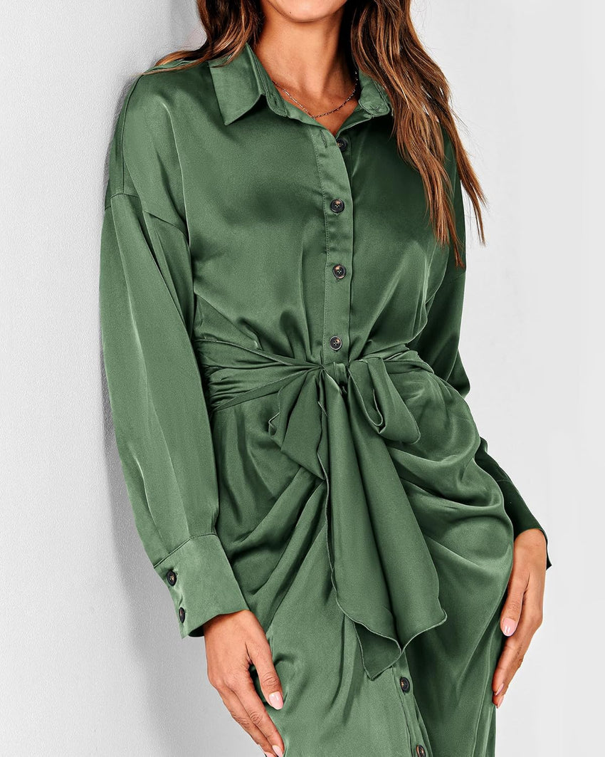 BTFBM Summer Dresses for Women 2025 Long Sleeve Lapel V Neck Button Down Elegant Belted Ruched Satin Shirt Fall Dress